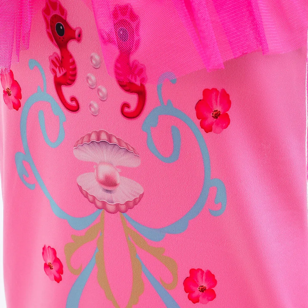 Kids Mermaid Hot Pink Dress Princess Ariel Beach Vacation Cosplay Dress with Tail Wig and Headband Accessories