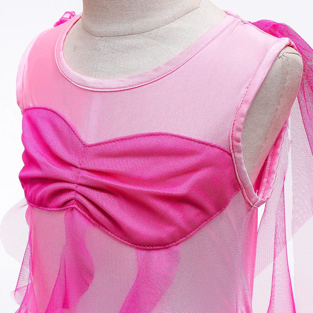 Kids Mermaid Hot Pink Dress Princess Ariel Beach Vacation Cosplay Dress with Tail Wig and Headband Accessories