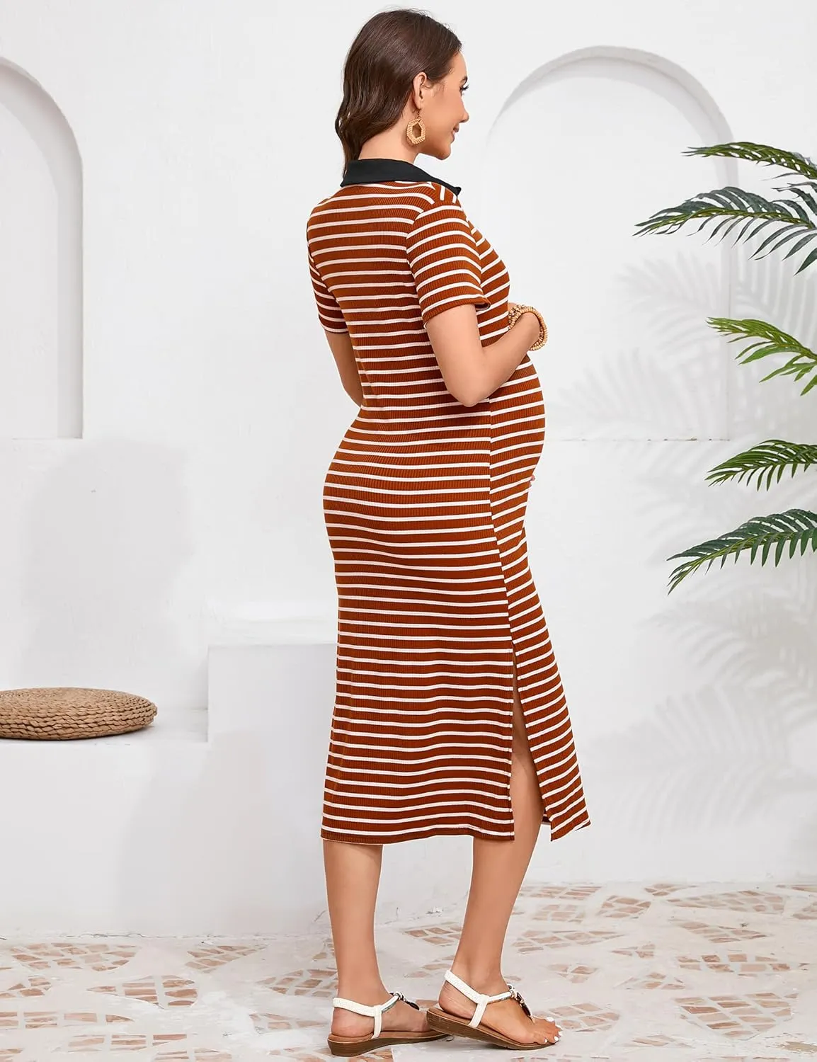 KOJOOIN Maternity Dress Summer Striped Short Sleeve Collared V Neck Knit Button Side Slit Bodycon Pregnancy Midi Dress