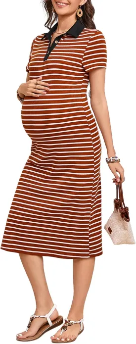 KOJOOIN Maternity Dress Summer Striped Short Sleeve Collared V Neck Knit Button Side Slit Bodycon Pregnancy Midi Dress