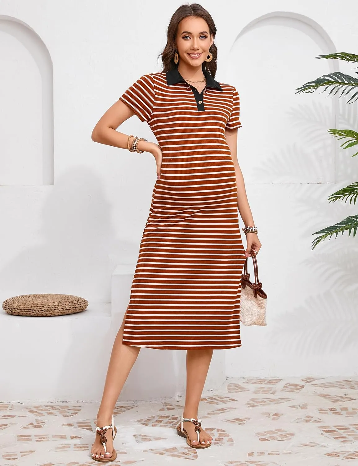 KOJOOIN Maternity Dress Summer Striped Short Sleeve Collared V Neck Knit Button Side Slit Bodycon Pregnancy Midi Dress