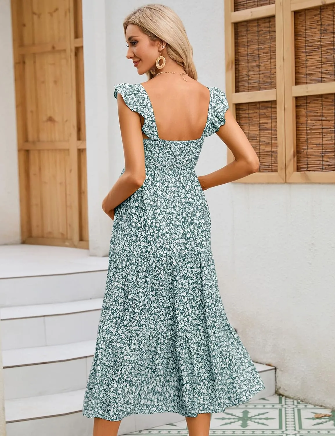 KOJOOIN Womens Maternity Dress Summer Sleeveless Smocked Square Neck Ruffle Casual Boho Midi Dress Baby Shower Photoshoot