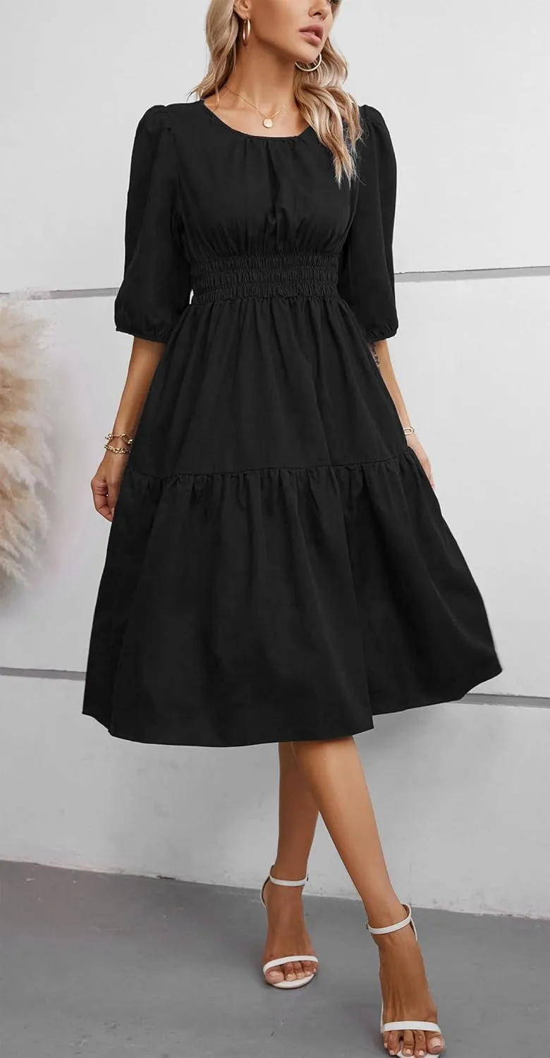 Kormei Women Casual Boho Floral Round Neck 3/4 Sleeve Smocked Waist Tiered A Line Flowy Swing Midi Dress Long Dresses