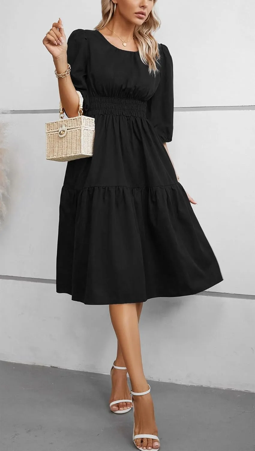 Kormei Women Casual Boho Floral Round Neck 3/4 Sleeve Smocked Waist Tiered A Line Flowy Swing Midi Dress Long Dresses