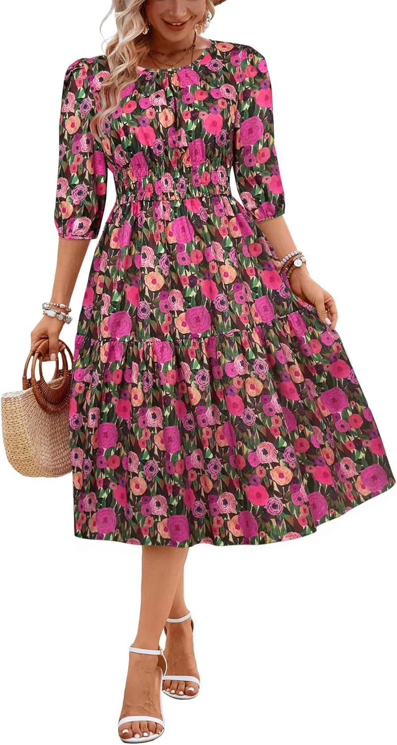 Kormei Women Casual Boho Floral Round Neck 3/4 Sleeve Smocked Waist Tiered A Line Flowy Swing Midi Dress Long Dresses