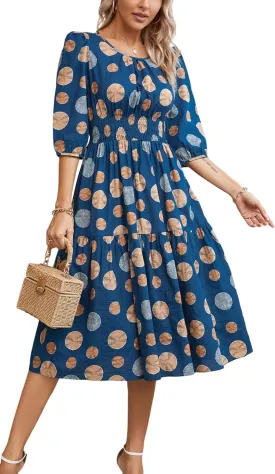 Kormei Women Casual Boho Floral Round Neck 3/4 Sleeve Smocked Waist Tiered A Line Flowy Swing Midi Dress Long Dresses