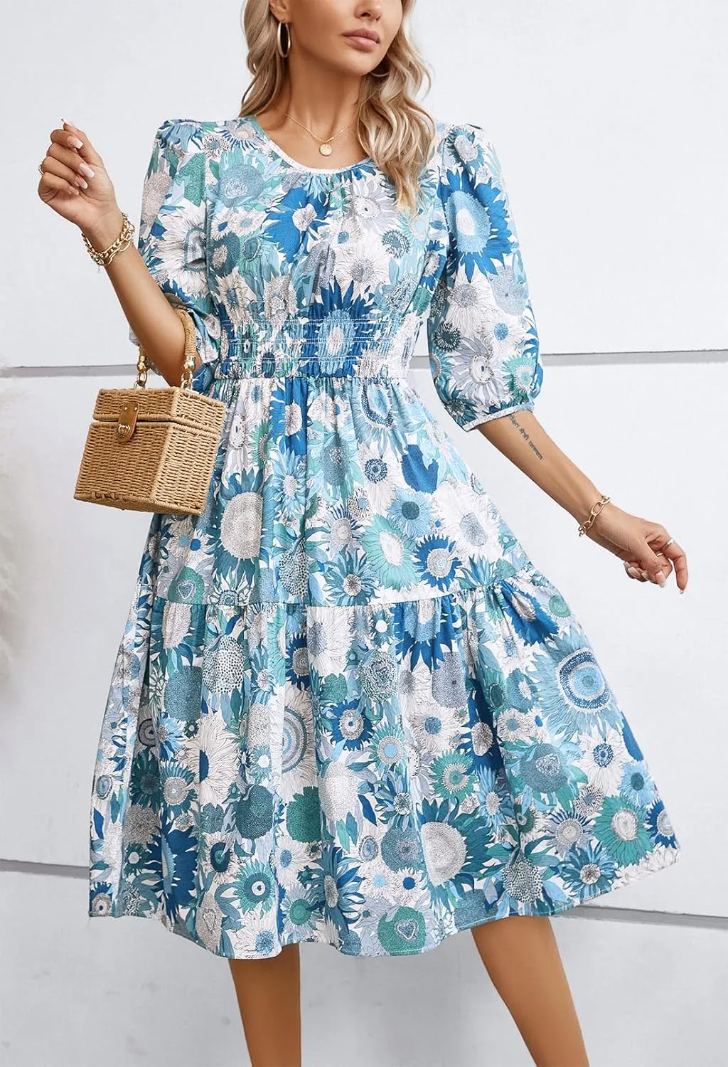Kormei Women Casual Boho Floral Round Neck 3/4 Sleeve Smocked Waist Tiered A Line Flowy Swing Midi Dress Long Dresses