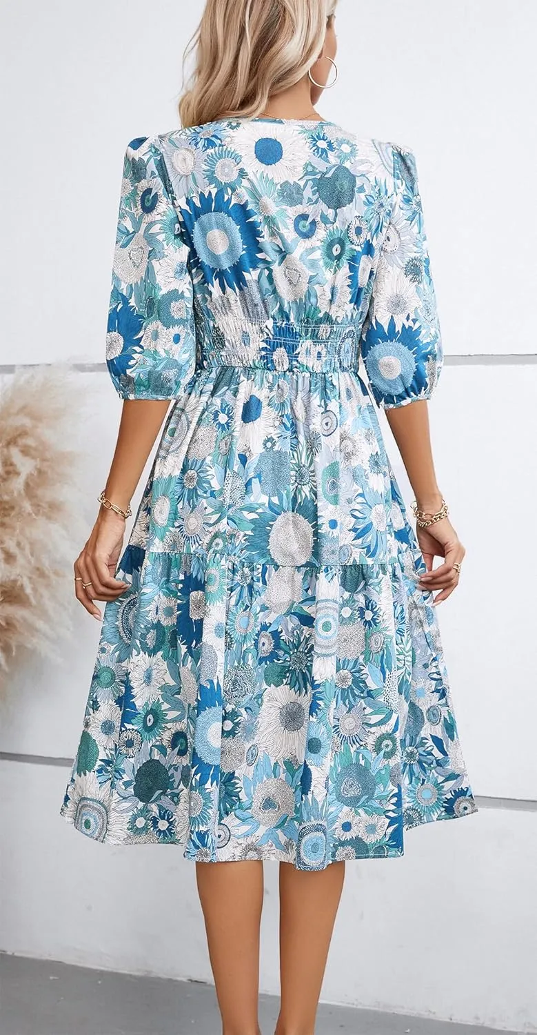 Kormei Women Casual Boho Floral Round Neck 3/4 Sleeve Smocked Waist Tiered A Line Flowy Swing Midi Dress Long Dresses