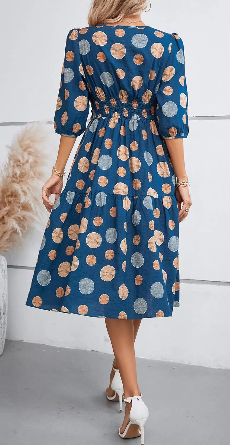 Kormei Women Casual Boho Floral Round Neck 3/4 Sleeve Smocked Waist Tiered A Line Flowy Swing Midi Dress Long Dresses