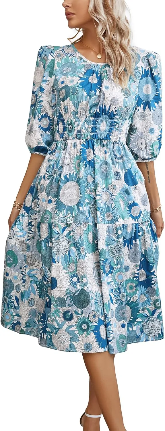 Kormei Women Casual Boho Floral Round Neck 3/4 Sleeve Smocked Waist Tiered A Line Flowy Swing Midi Dress Long Dresses