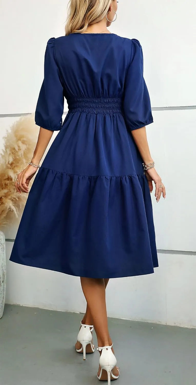 Kormei Women Casual Boho Floral Round Neck 3/4 Sleeve Smocked Waist Tiered A Line Flowy Swing Midi Dress Long Dresses