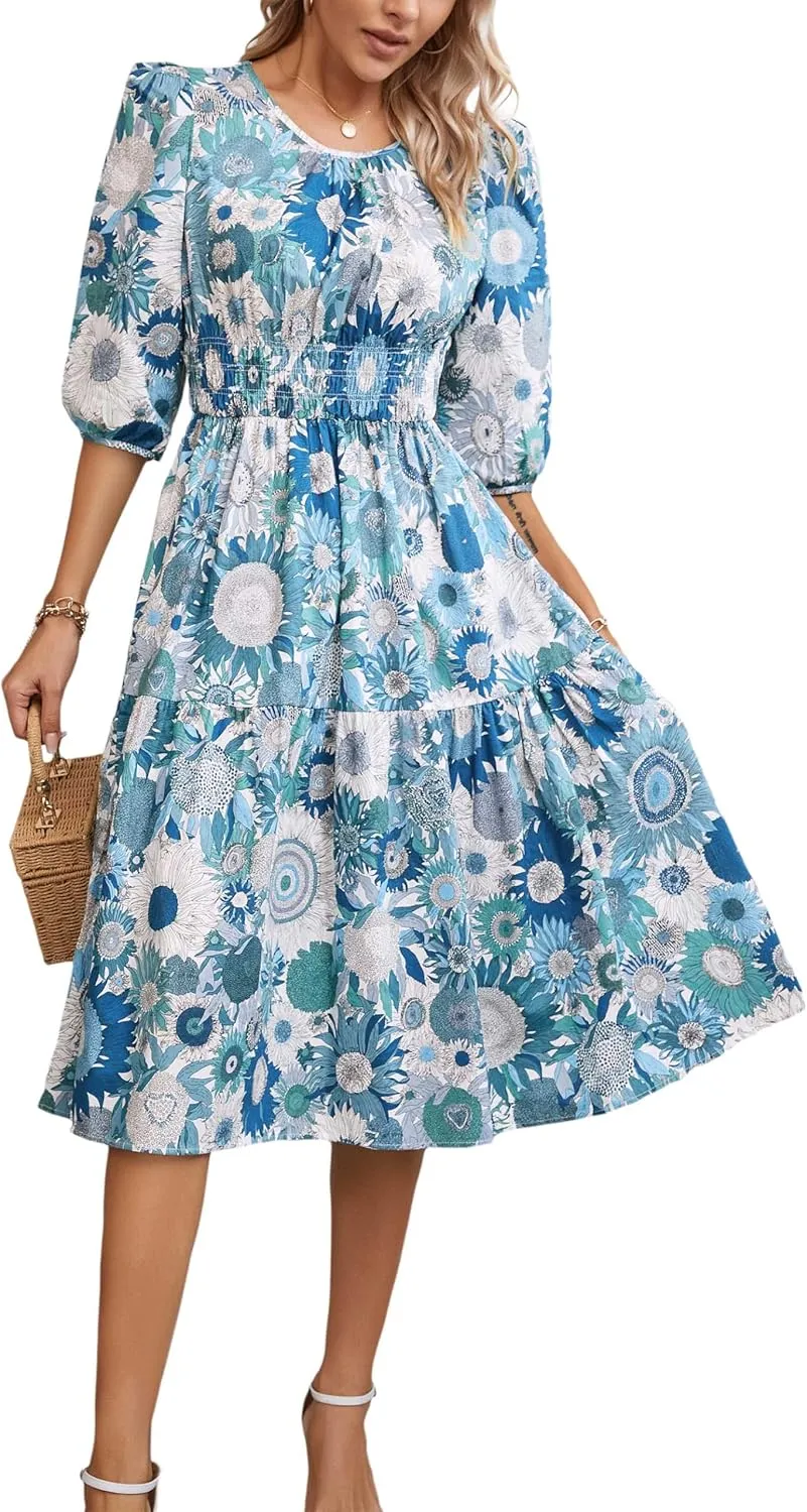 Kormei Women Casual Boho Floral Round Neck 3/4 Sleeve Smocked Waist Tiered A Line Flowy Swing Midi Dress Long Dresses