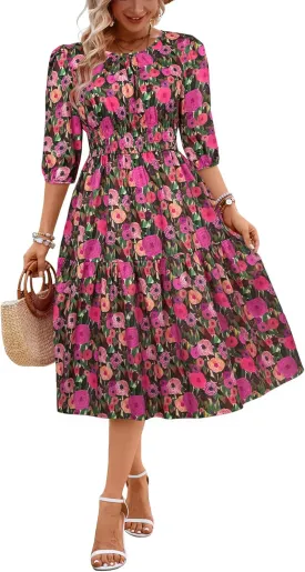 Kormei Women Casual Boho Floral Round Neck 3/4 Sleeve Smocked Waist Tiered A Line Flowy Swing Midi Dress Long Dresses