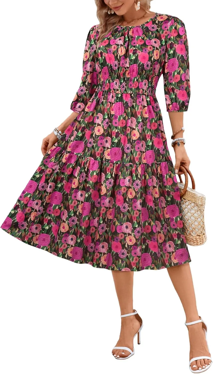 Kormei Women Casual Boho Floral Round Neck 3/4 Sleeve Smocked Waist Tiered A Line Flowy Swing Midi Dress Long Dresses