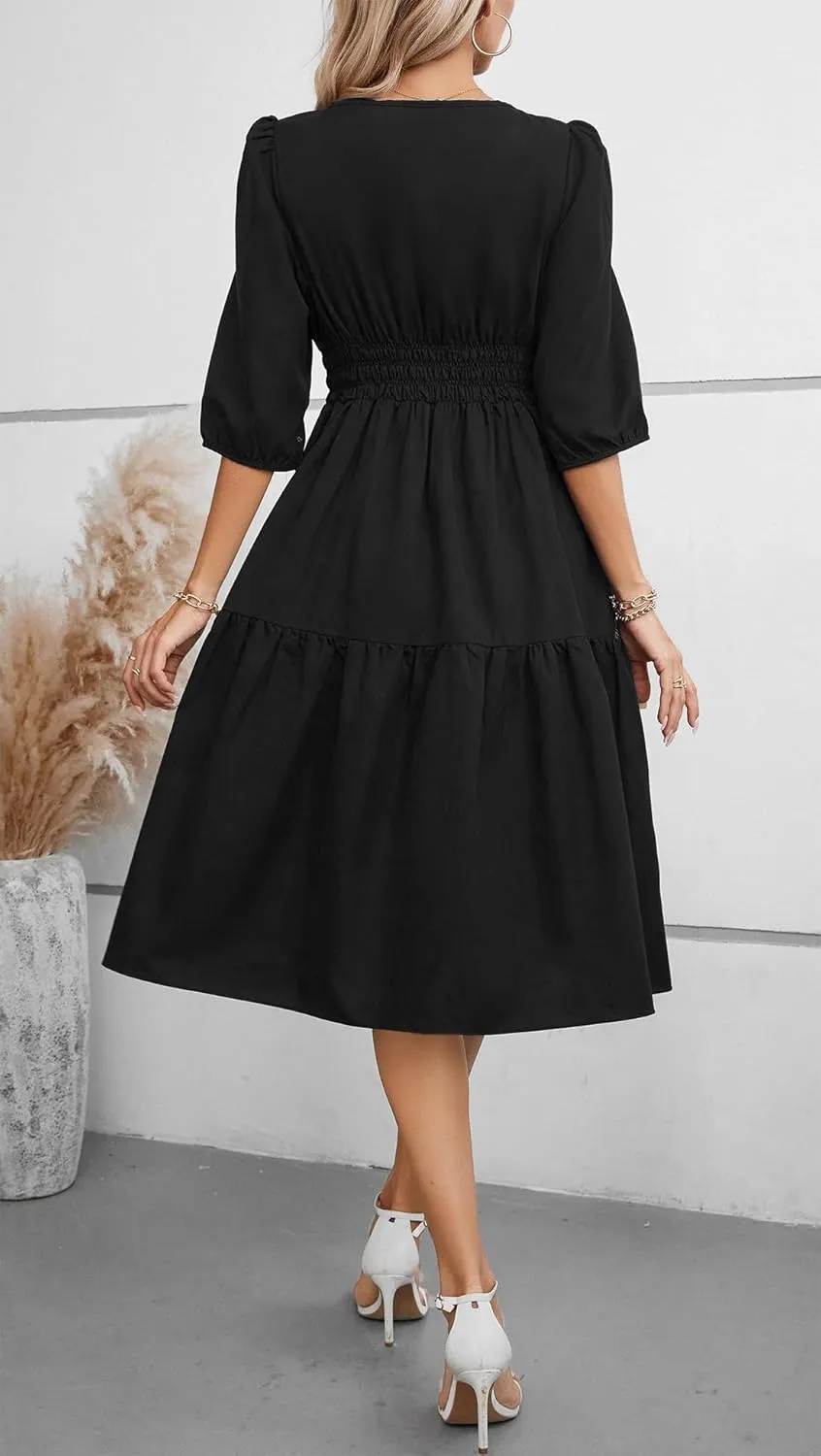 Kormei Women Casual Boho Floral Round Neck 3/4 Sleeve Smocked Waist Tiered A Line Flowy Swing Midi Dress Long Dresses