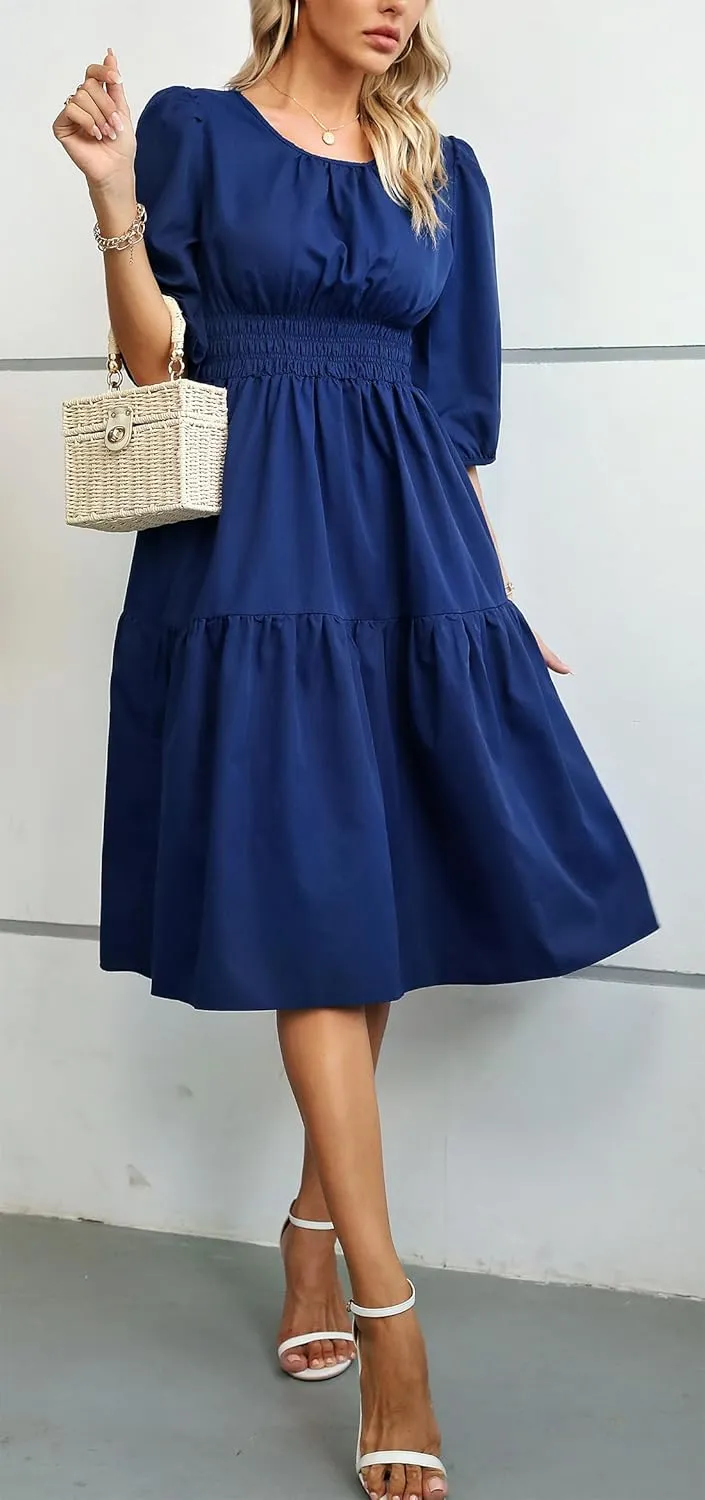 Kormei Women Casual Boho Floral Round Neck 3/4 Sleeve Smocked Waist Tiered A Line Flowy Swing Midi Dress Long Dresses