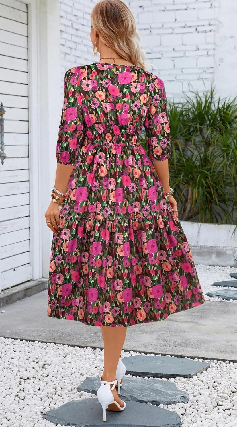 Kormei Women Casual Boho Floral Round Neck 3/4 Sleeve Smocked Waist Tiered A Line Flowy Swing Midi Dress Long Dresses