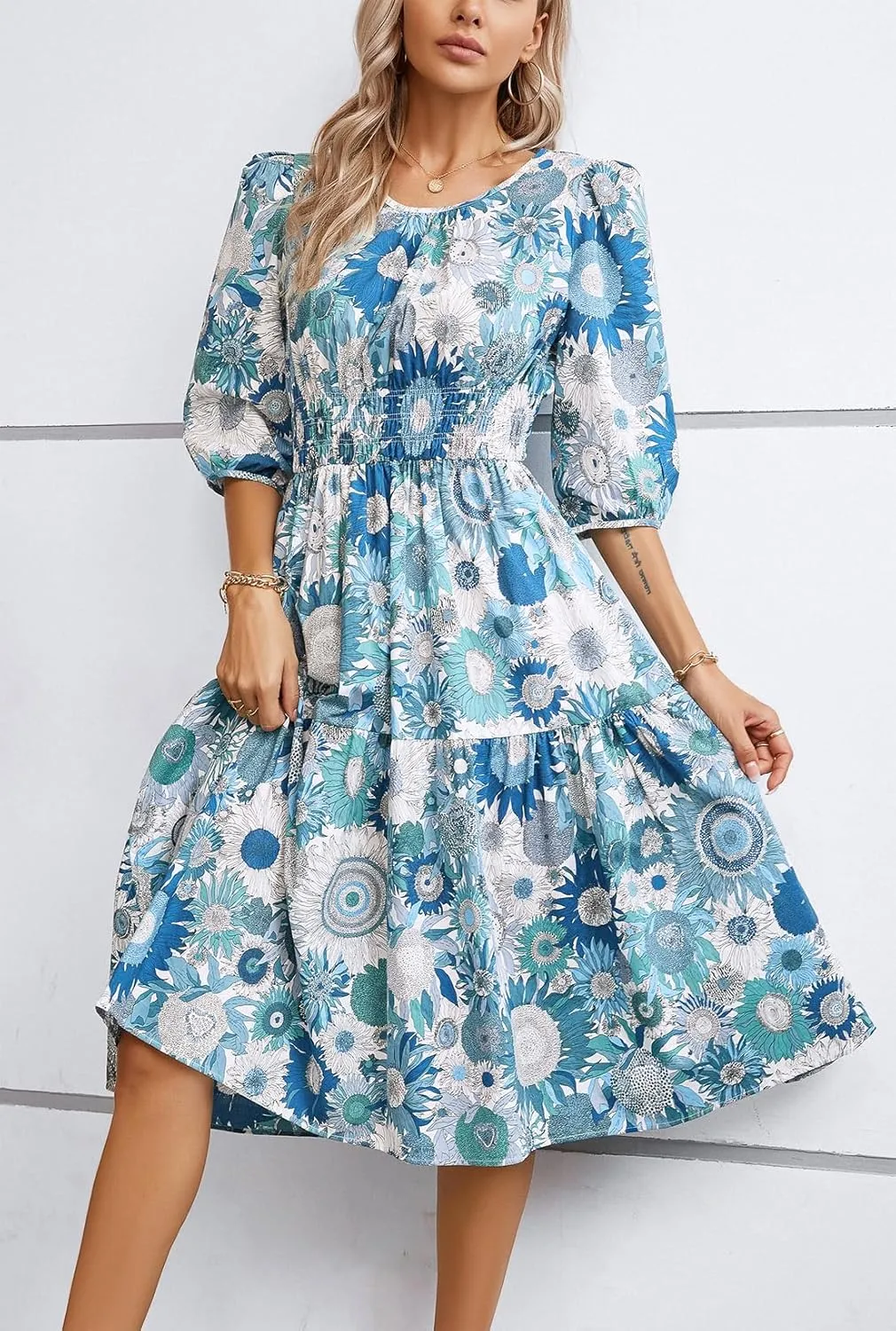 Kormei Women Casual Boho Floral Round Neck 3/4 Sleeve Smocked Waist Tiered A Line Flowy Swing Midi Dress Long Dresses