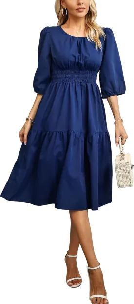 Kormei Women Casual Boho Floral Round Neck 3/4 Sleeve Smocked Waist Tiered A Line Flowy Swing Midi Dress Long Dresses