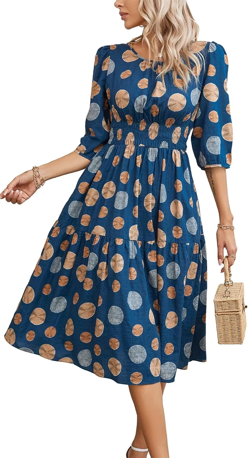 Kormei Women Casual Boho Floral Round Neck 3/4 Sleeve Smocked Waist Tiered A Line Flowy Swing Midi Dress Long Dresses