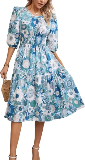 Kormei Women Casual Boho Floral Round Neck 3/4 Sleeve Smocked Waist Tiered A Line Flowy Swing Midi Dress Long Dresses