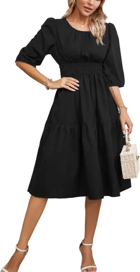 Kormei Women Casual Boho Floral Round Neck 3/4 Sleeve Smocked Waist Tiered A Line Flowy Swing Midi Dress Long Dresses