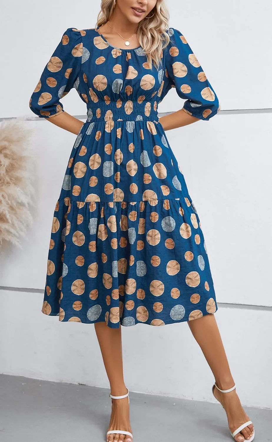 Kormei Women Casual Boho Floral Round Neck 3/4 Sleeve Smocked Waist Tiered A Line Flowy Swing Midi Dress Long Dresses