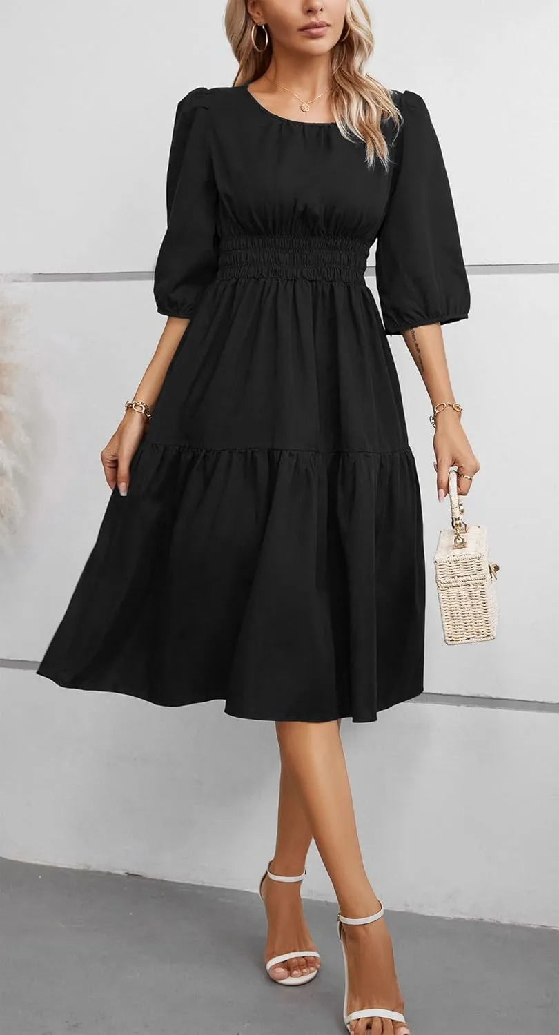 Kormei Women Casual Boho Floral Round Neck 3/4 Sleeve Smocked Waist Tiered A Line Flowy Swing Midi Dress Long Dresses