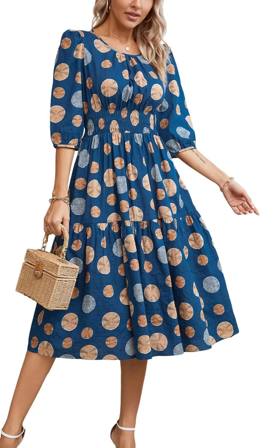 Kormei Women Casual Boho Floral Round Neck 3/4 Sleeve Smocked Waist Tiered A Line Flowy Swing Midi Dress Long Dresses