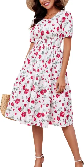 Kormei Women Summer Casual Boho Floral Round Neck Short Sleeve Smocked Waist Tiered Flowy Swing Midi Dress