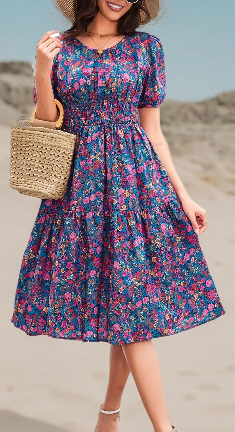 Kormei Women Summer Casual Boho Floral Round Neck Short Sleeve Smocked Waist Tiered Flowy Swing Midi Dress
