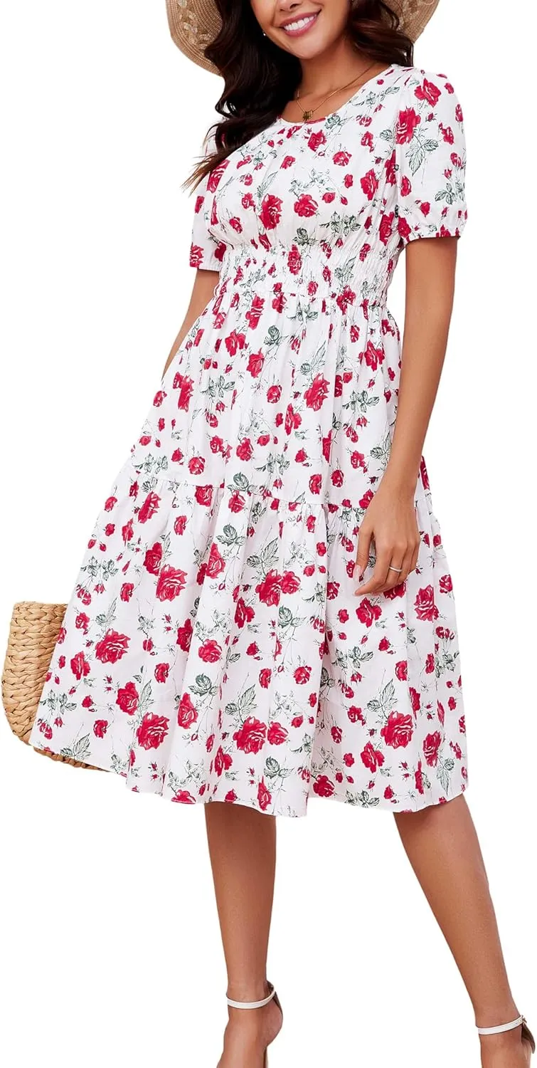 Kormei Women Summer Casual Boho Floral Round Neck Short Sleeve Smocked Waist Tiered Flowy Swing Midi Dress