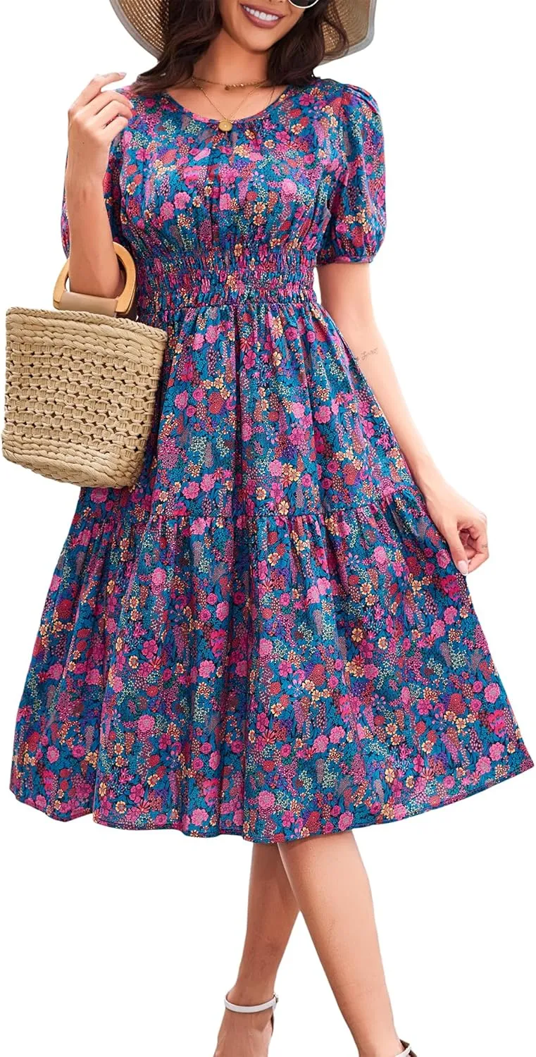 Kormei Women Summer Casual Boho Floral Round Neck Short Sleeve Smocked Waist Tiered Flowy Swing Midi Dress