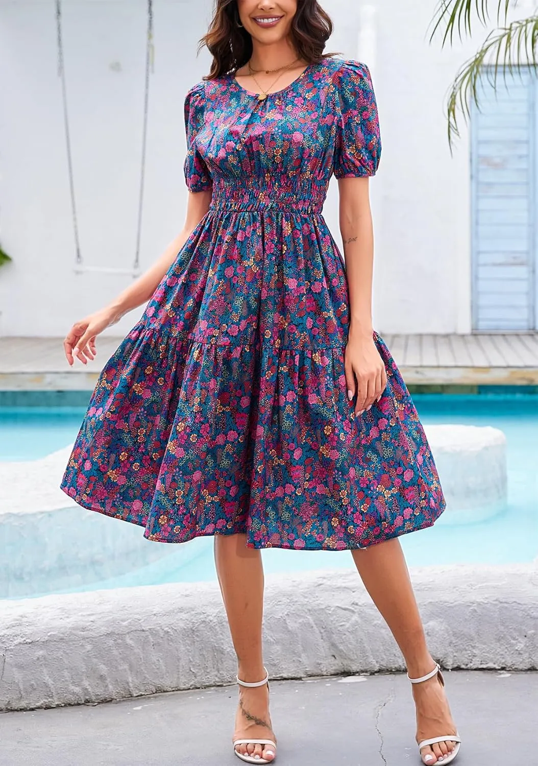 Kormei Women Summer Casual Boho Floral Round Neck Short Sleeve Smocked Waist Tiered Flowy Swing Midi Dress