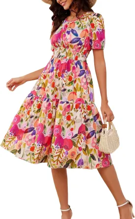Kormei Women Summer Casual Boho Floral Round Neck Short Sleeve Smocked Waist Tiered Flowy Swing Midi Dress