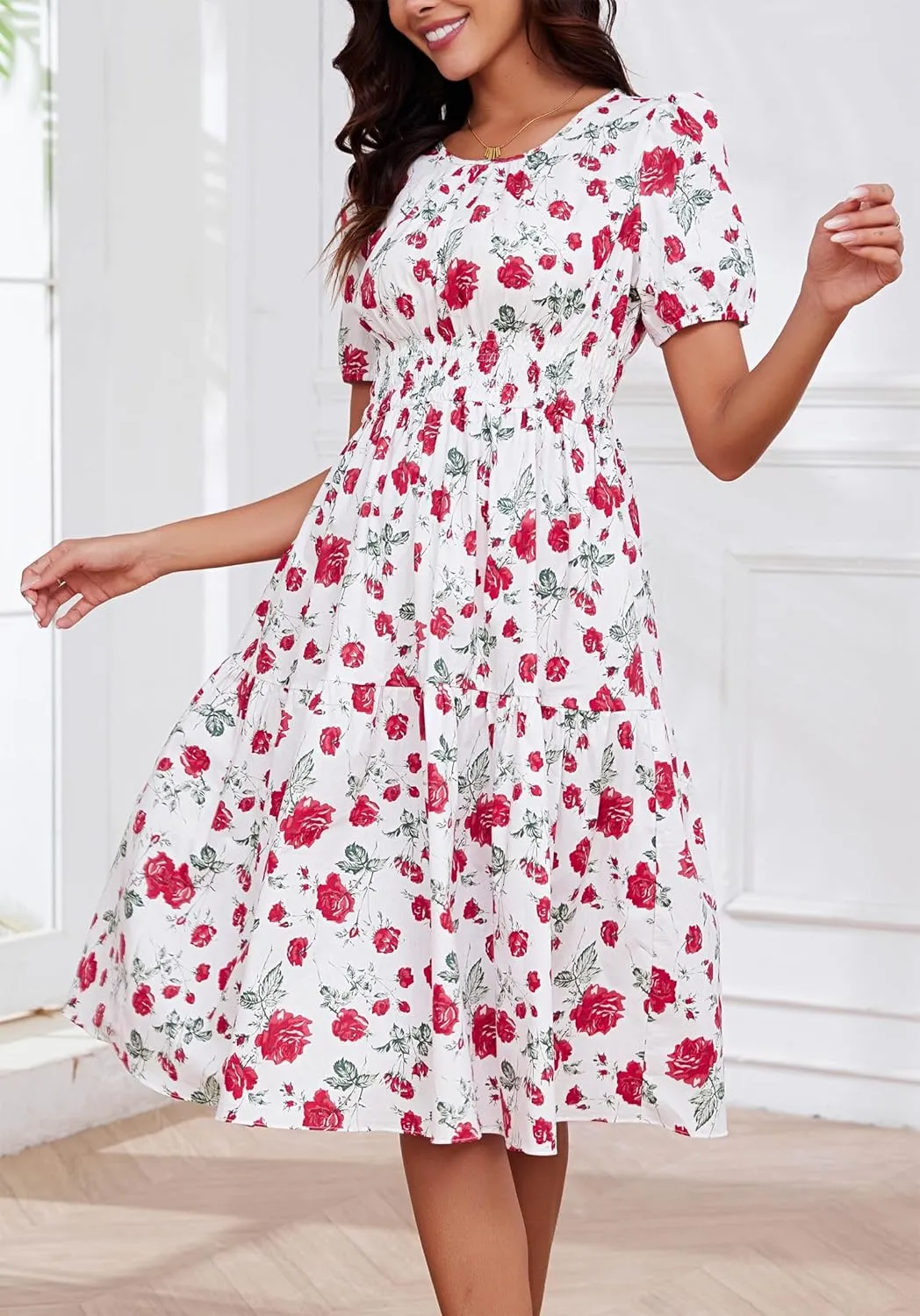 Kormei Women Summer Casual Boho Floral Round Neck Short Sleeve Smocked Waist Tiered Flowy Swing Midi Dress