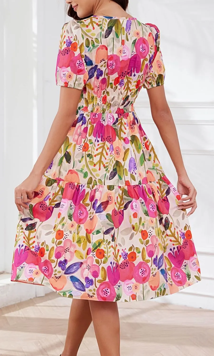 Kormei Women Summer Casual Boho Floral Round Neck Short Sleeve Smocked Waist Tiered Flowy Swing Midi Dress