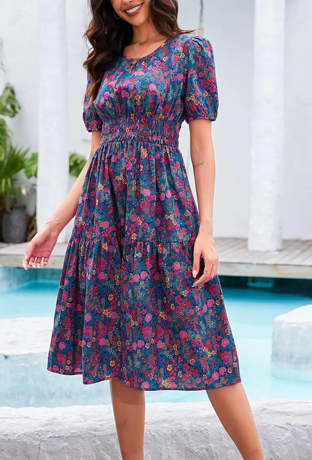 Kormei Women Summer Casual Boho Floral Round Neck Short Sleeve Smocked Waist Tiered Flowy Swing Midi Dress