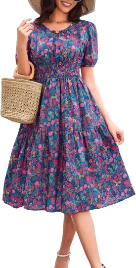 Kormei Women Summer Casual Boho Floral Round Neck Short Sleeve Smocked Waist Tiered Flowy Swing Midi Dress