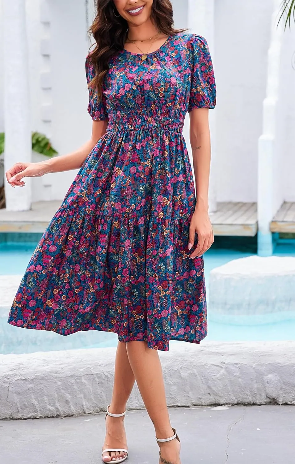 Kormei Women Summer Casual Boho Floral Round Neck Short Sleeve Smocked Waist Tiered Flowy Swing Midi Dress