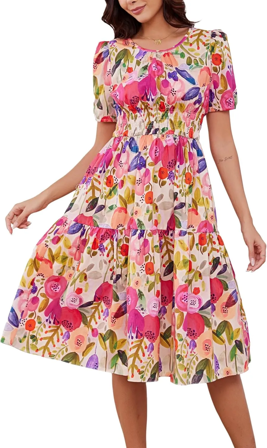 Kormei Women Summer Casual Boho Floral Round Neck Short Sleeve Smocked Waist Tiered Flowy Swing Midi Dress