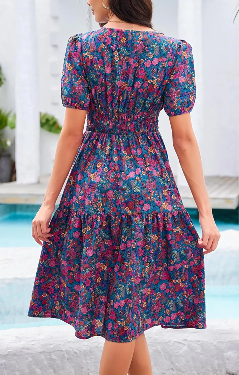 Kormei Women Summer Casual Boho Floral Round Neck Short Sleeve Smocked Waist Tiered Flowy Swing Midi Dress