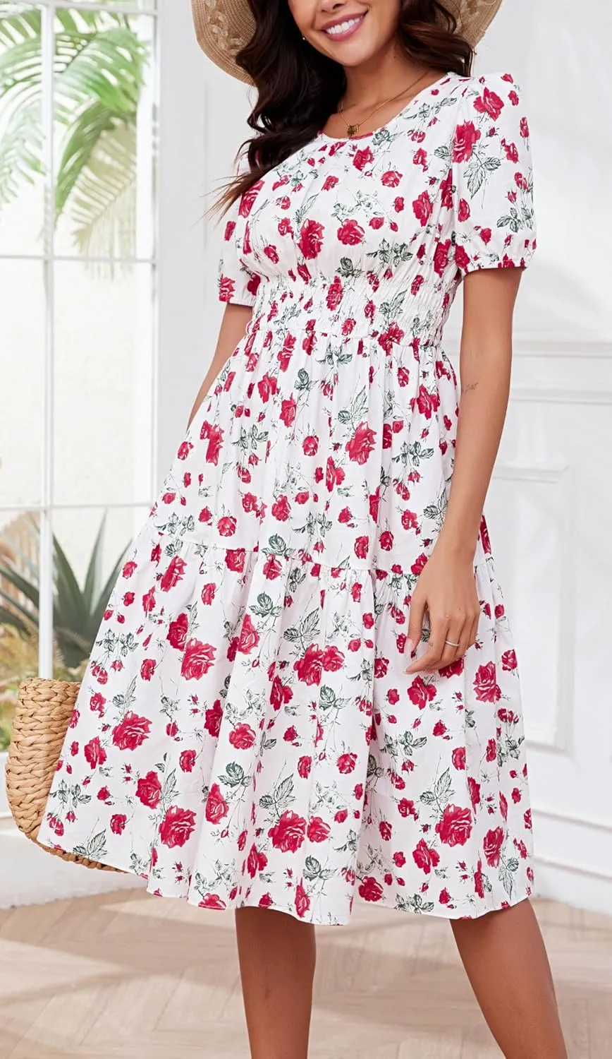 Kormei Women Summer Casual Boho Floral Round Neck Short Sleeve Smocked Waist Tiered Flowy Swing Midi Dress