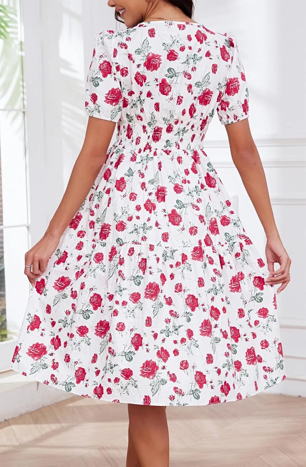 Kormei Women Summer Casual Boho Floral Round Neck Short Sleeve Smocked Waist Tiered Flowy Swing Midi Dress