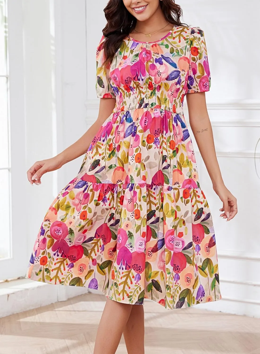 Kormei Women Summer Casual Boho Floral Round Neck Short Sleeve Smocked Waist Tiered Flowy Swing Midi Dress