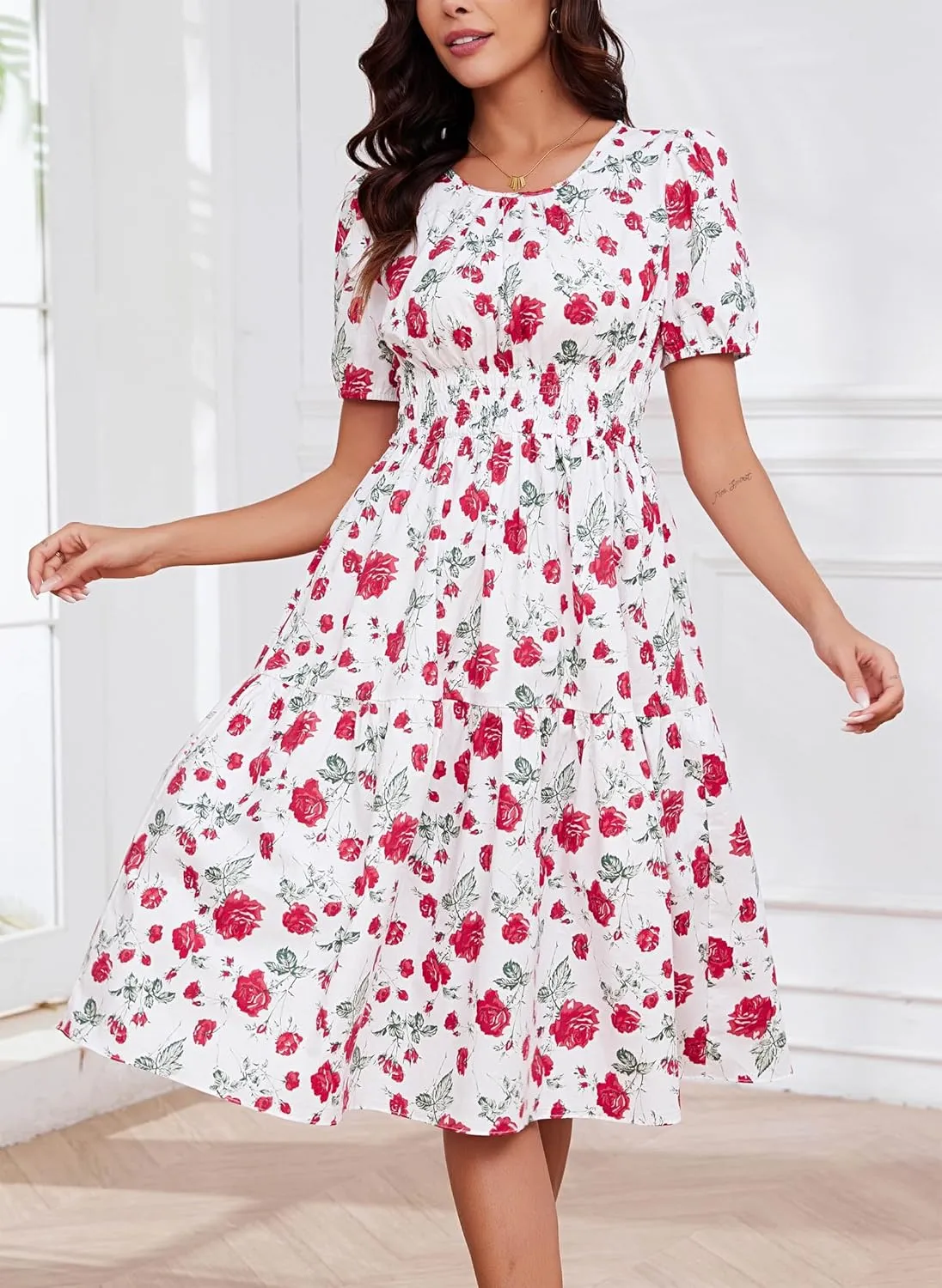 Kormei Women Summer Casual Boho Floral Round Neck Short Sleeve Smocked Waist Tiered Flowy Swing Midi Dress