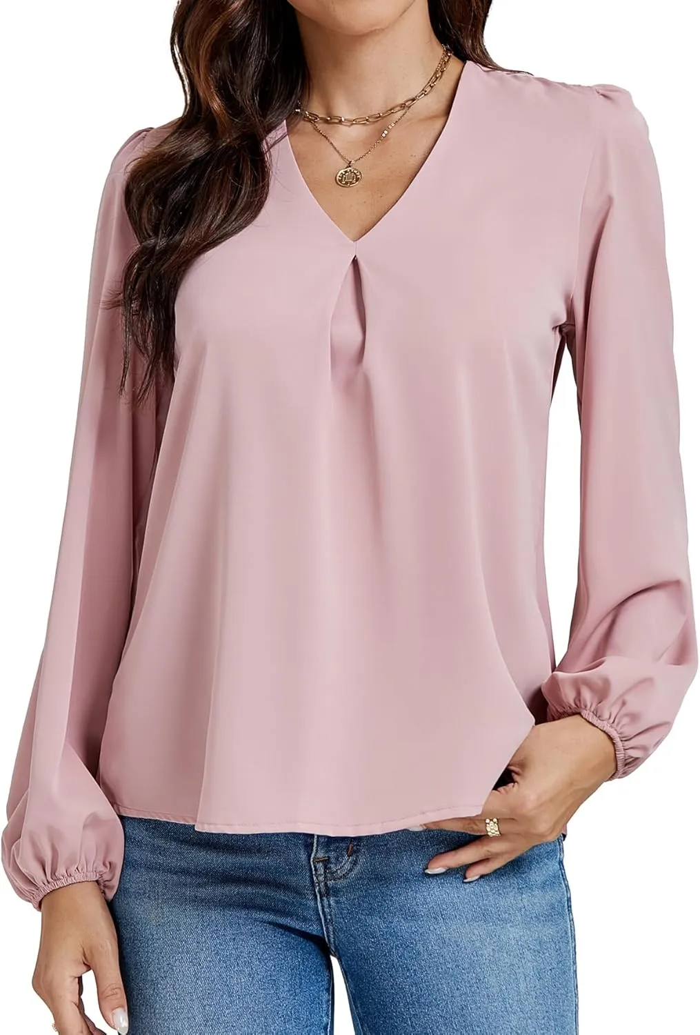 LYANER Women's V-Neck Long Sleeve Solid Tee Shirt Blouse Top