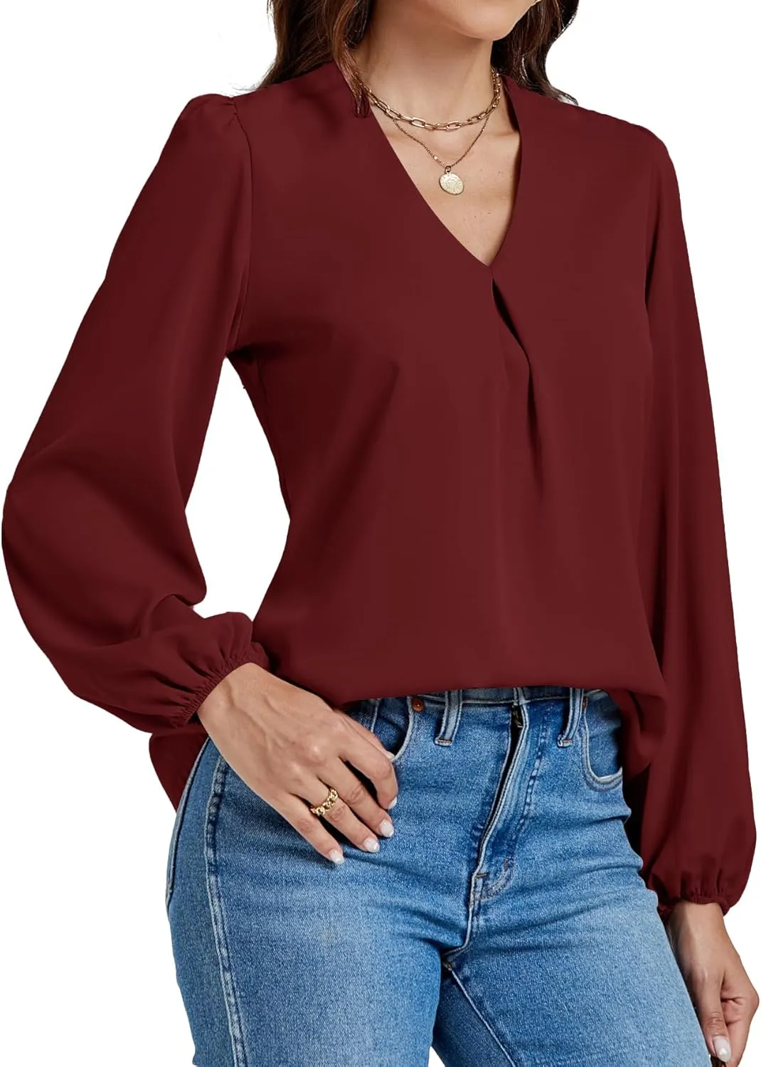 LYANER Women's V-Neck Long Sleeve Solid Tee Shirt Blouse Top