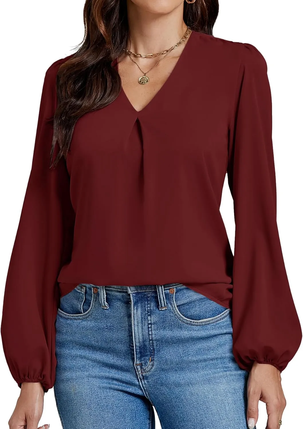 LYANER Women's V-Neck Long Sleeve Solid Tee Shirt Blouse Top