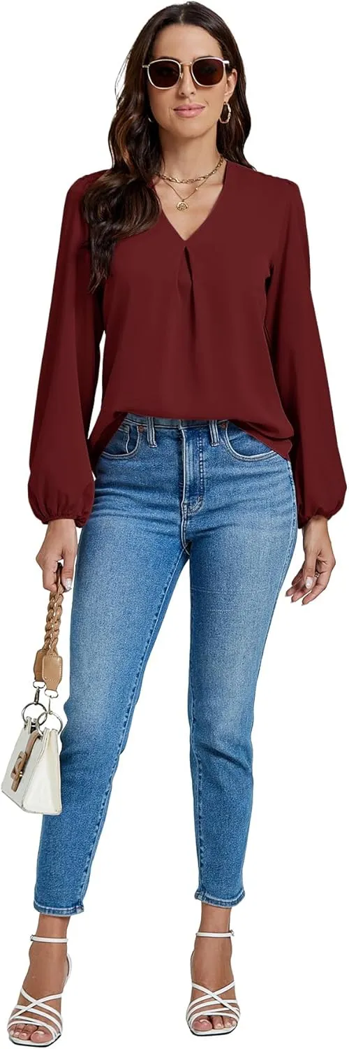LYANER Women's V-Neck Long Sleeve Solid Tee Shirt Blouse Top